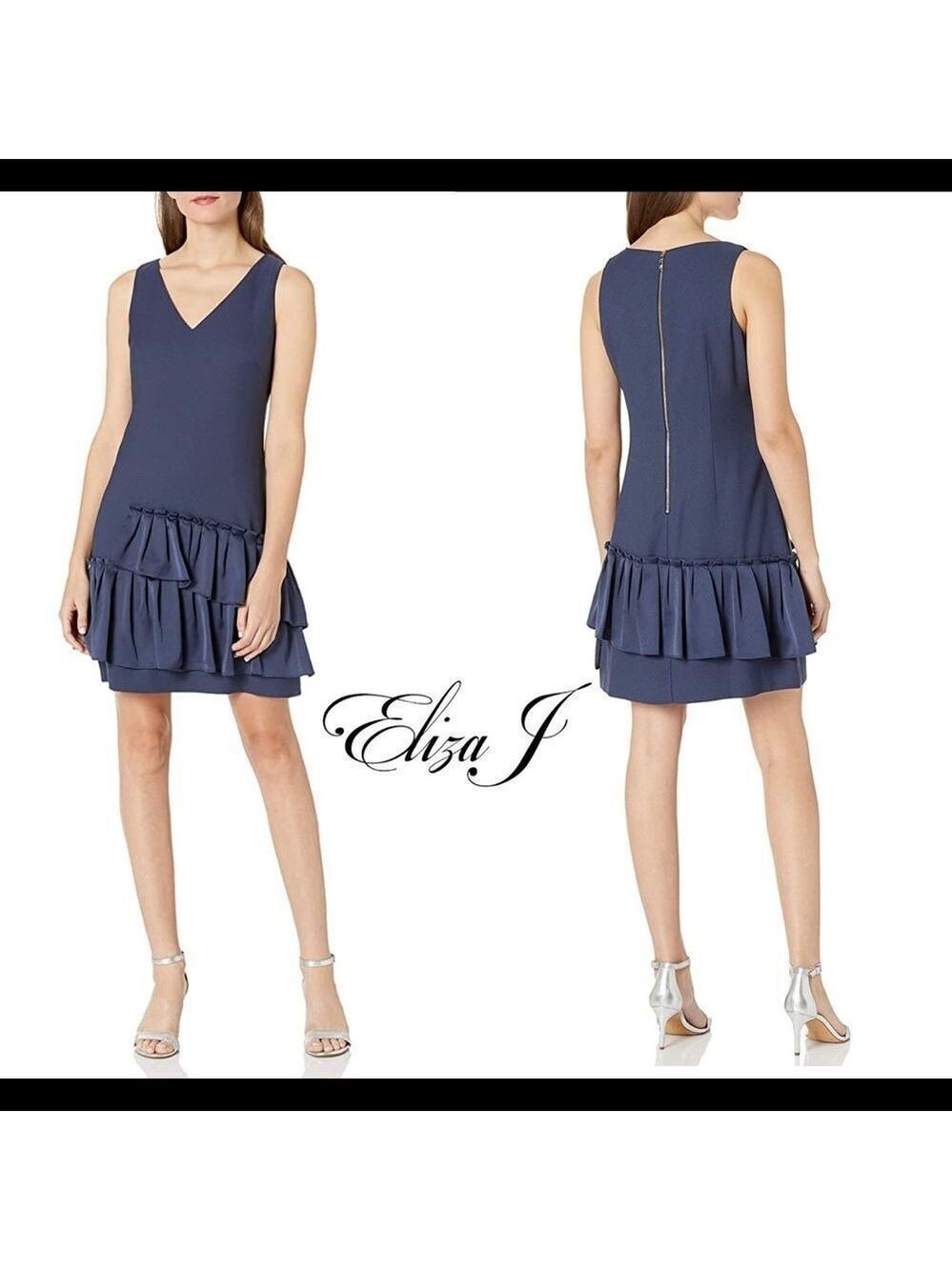 Eliza J Navy blue V-Neck Dress Pleated ruffle frill Hem Sz 14